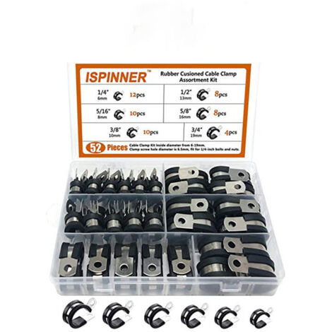 Ahlsen Surtido de abrazaderas de manguera de goma de 52 piezas, abrazaderas de manguera ajustables en 7 tamaños 1/4", 5/16", 3/8", 1/2", 5/8", 3/4" para tuberías de agua familiares, tanques de gasolin