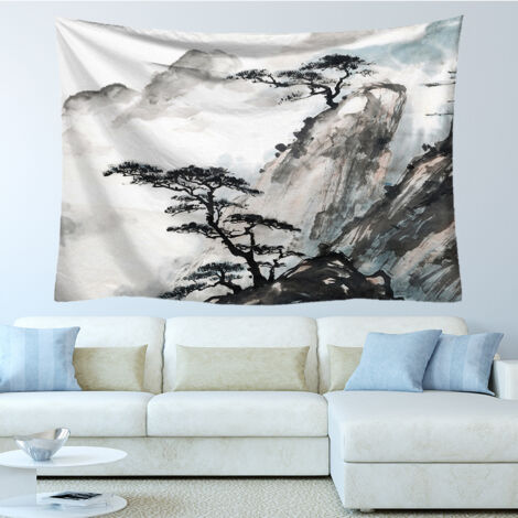 Ahlsen Tapiz chino asiático japonés, paisaje de montaña, decoración de pared, tapiz colgante de pared para dormitorio, 130x150cm H/W