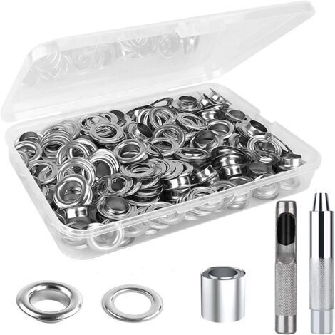 Ahlsen Trousse à œillets 200 set oeillets pour baches avec outils d'installation et boîte de rangement, Kit de grommets eyelets diamètre intérieur 12mm Argenté