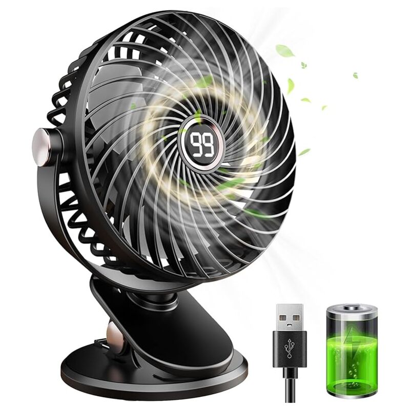 Ventilateur de Bureau, Mini Ventilateur usb Silencieux avec Écran lcd, 6000mAh Petit Ventilateur Portable Rechargeable, 5 Vitesses, Rotation 360°,