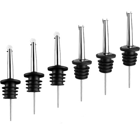 Ahlsen Vertedor de alcohol de acero inoxidable de 6 piezas, vertedor cónico con tapas antipolvo y cepillo de limpieza, vertedor de aceite de oliva para vino fortificado, bebidas, cócteles, jarabe, vin