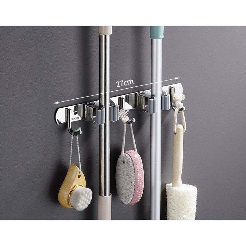 Image of Ahlsen - Wandbesenhalter, Metallhalterung für Besen und Mopp (2 Clips und 3 Haken).