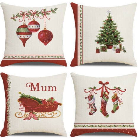 Ahlsen Weihnachtskissenbezug 45x45, 4er-Set, dekorative Weihnachtskissenbezüge aus Baumwolle und Leinen, 45 x 45 cm, für Schlafzimmer, Sofa, Stuhl, Bett, Weihnachtsdekoration