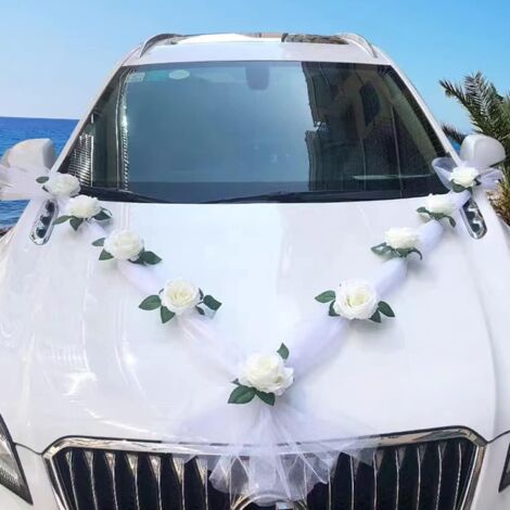 Ahlsen Weißes Hochzeitsauto-Dekorationsset, Hochzeitsgirlande, Autodekoration, Blumenautodekoration, Hochzeitsdekoration, weiße Gaze, mit 9 Rosen, 2 x 1,6 m lang