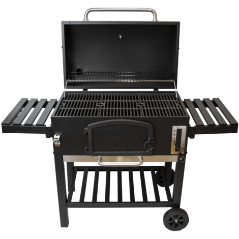 Ahumador Barbacoa BBQ 59x43.5cm Parrilla Grill Carbón Portátil Exterior Aire Libre Jardín Patio Cubierta lluvia Abridor Botellas Cepillo Alambre Ganchos Colgados Estantes Control Temperatura Ventilas - Negro