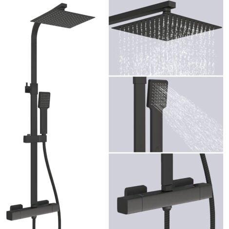 AICA 10" Thermostatic Large Square Shower Mixer Set Black Exposed Valve