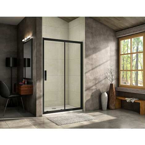 AICA 1950mm Height Sliding Shower Door Black 8mm NANO Glass Shower Enclosures Stone Tray Waste Trap