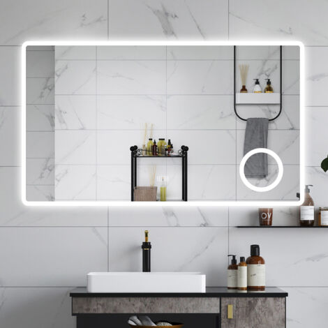 Aica 120X70CM SPECCHIO DA BAGNO BLUETOOTH ANTIAPPANNAMENTO, 3 COLORI DIMMERABILI, LENTE D'INGRANDIMENTO 3X