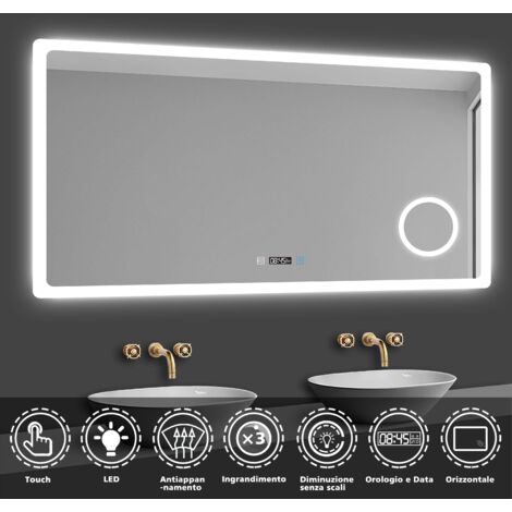 AICA 120x70cm Specchio da bagno rettangolare a LED di alta qualità con orologio, lente d'ingrandimento e antiappannamento