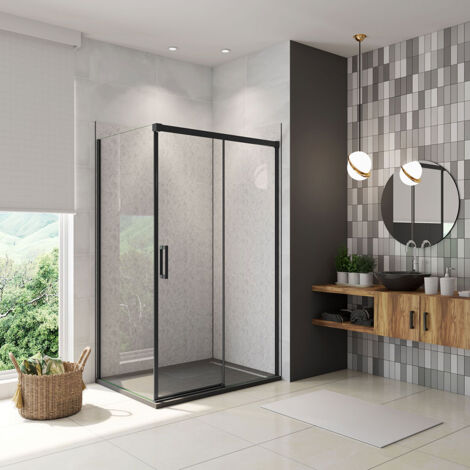 Aica 1500mm Black Slim Sliding Shower Door+800mm Side Panel 8mm NANO Glass