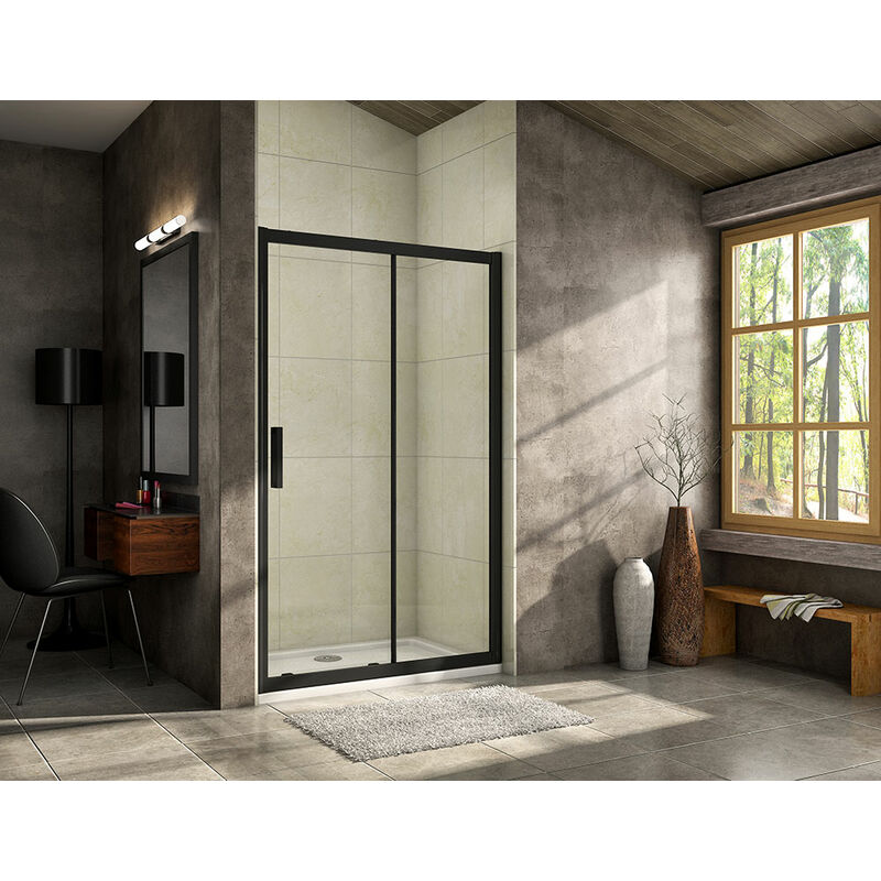 AICA 1000x1950mm Sliding Shower Door Black Frame Shower Enclosures with 1000x760mm Stone Tray Waste Trap