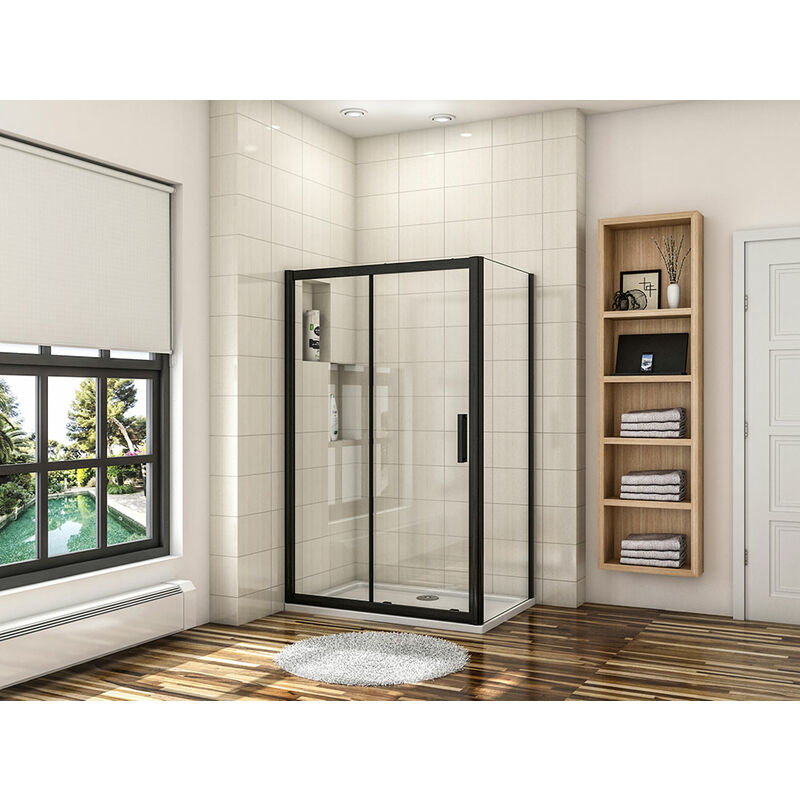 Aica Sanitaire - aica 1000mm Sliding Shower Door Black Frame Shower Enclosures,900mm Side Panel,with 1000x900mm Stone Tray Waste Trap