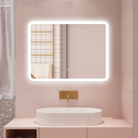 AICA 70 x 50 cm Specchio da bagno con LED,Rettangolo,Disappannamento,Touch,Memoria,Dimmerabile,Retroilluminato,Tre colori,bluetooth