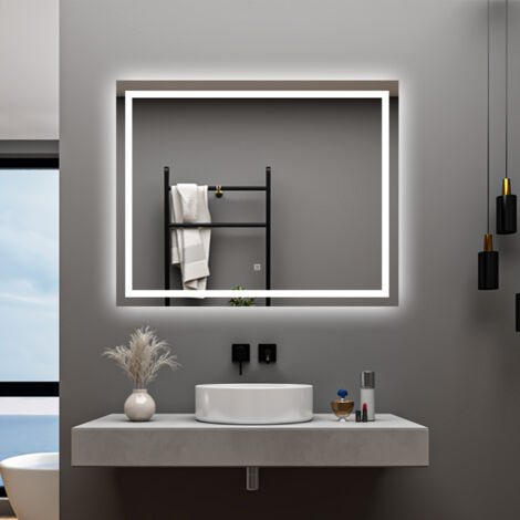 AICA 80 x 60 cm Specchio da bagno con LED,Rettangolo,Disappannamento,Touch,Memoria,Dimmerabile,Retroilluminato