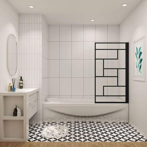 AICA 800x1400mm Aica Matt Black Frame Irregular Grid Pivot Shower Bath Screen