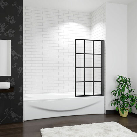 AICA SANITAIRE Aica 800x1400mm Black Frame Black Silk Screen Pivot Shower Bath Screen