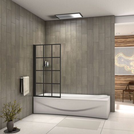 Aica 800x1400mm Matt Black Frame Grid Black Silk Screen Pivot Shower Bath Screen