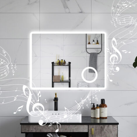 Aica 80X60CM SPECCHIO DA BAGNO BLUETOOTH ANTIAPPANNAMENTO, 3 COLORI DIMMERABILI, LENTE D'INGRANDIMENTO 3X