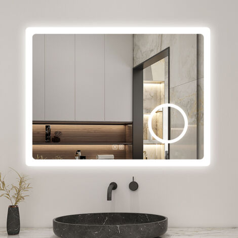 AICA 80X60CM SPECCHIO DA BAGNO BLUETOOTH ANTIAPPANNAMENTO, 3 COLORI DIMMERABILI, LENTE D'INGRANDIMENTO 3X