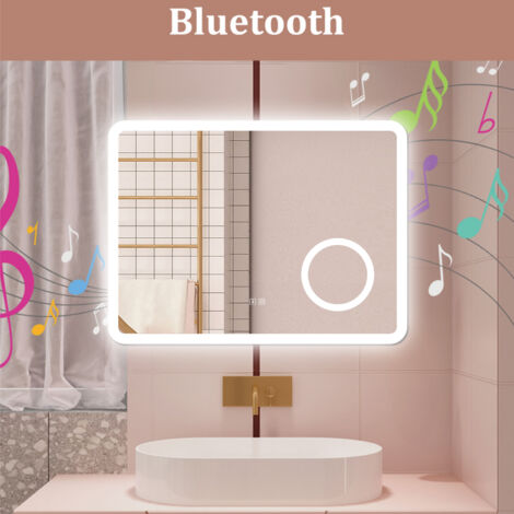 AICA 80X60CM SPECCHIO DA BAGNO BLUETOOTH ANTIAPPANNAMENTO, 3 COLORI DIMMERABILI, LENTE D'INGRANDIMENTO 3X