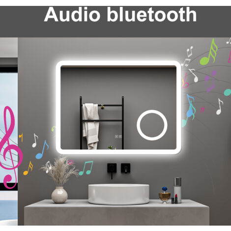AICA 80X60CM SPECCHIO DA BAGNO BLUETOOTH ANTIAPPANNAMENTO, 3 COLORI DIMMERABILI, LENTE D'INGRANDIMENTO 3X