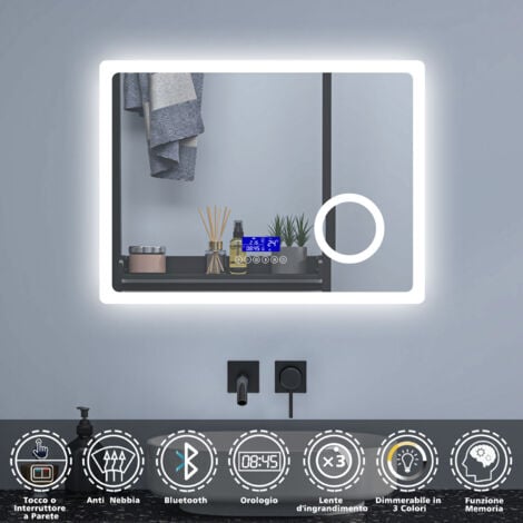 AICA 80x60cm Specchio da bagno rettangolare a LED di alta qualità con Bluetooth, orologio, antiappannamento, memoria di interruzione di corrente