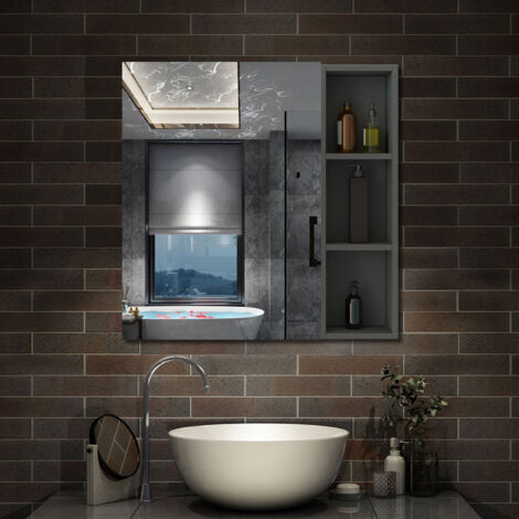 AICA Armoire murale salle de bain, 3 Niveaux placard rangement + 3 étagères latérales ouvertes(70x60x13 cm + 70x20x13 cm), Armoire de toilette sans LED, Anthracite