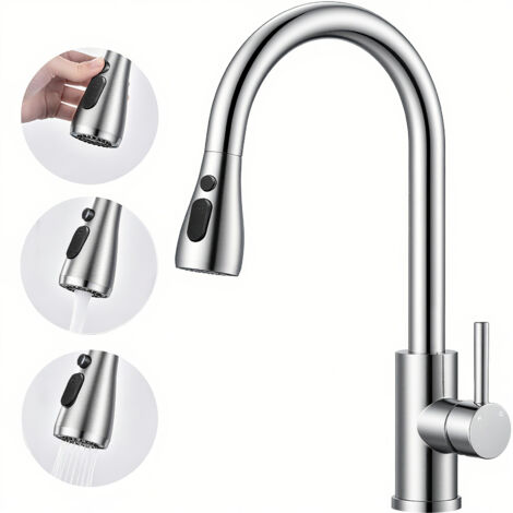AICA Ausziehbare Küchenarmatur 3 Modi - 360° Drehbare Einhand-Mischbatterie, Spültisch Wasserhahn, Gebürstet