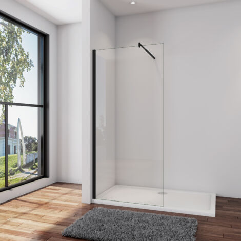 AICA B.120xH.200cm Duschwand +ausziehbar (70-120cm)Schwarz Stabilisator Duschabtrennung Walk in Duschtrennwand 8mm NANO-Glas dusche W12