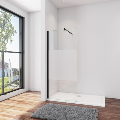AICA B.120xH.200cm Satiniert Duschwand +ausziehbar (70-120cm)Schwarz Stabilisator Walk in Duschtrennwand 8mm NANO-Glas mit Glasschutzfolie dusche W12