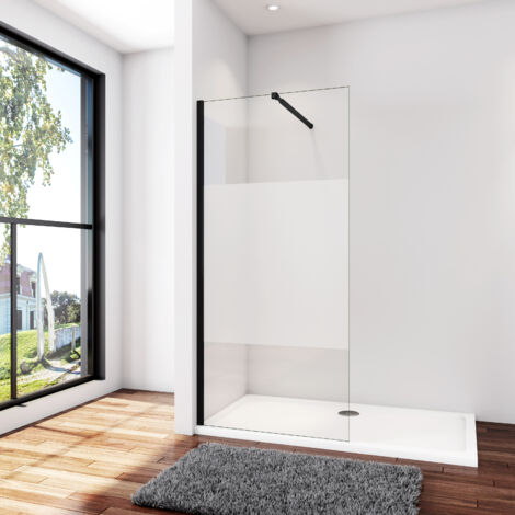 AICA B.120xH.200cm Satiniert Duschwand +ausziehbar (73-120cm)Schwarz Stabilisator Walk in Duschtrennwand 8mm NANO-Glas mit Glasschutzfolie dusche W12