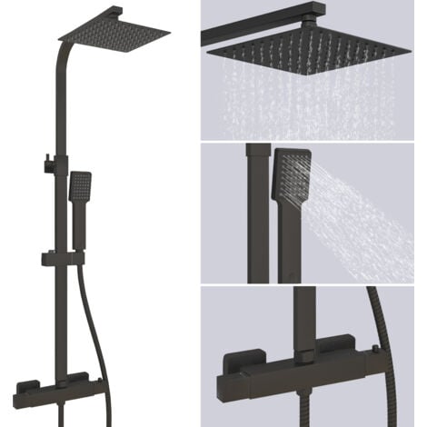 AICA SANITAIRE AICA Bathroom Matte Black Thermostatic Shower Mixer Kit Twin Head Exposed Square Bar Set
