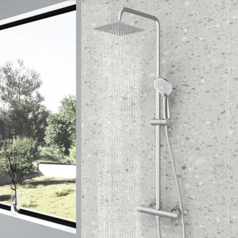 AICA Bathroom Mixer Shower Square Thermostatic Exposed Valve Twin Head Set Chrome With Round Handset