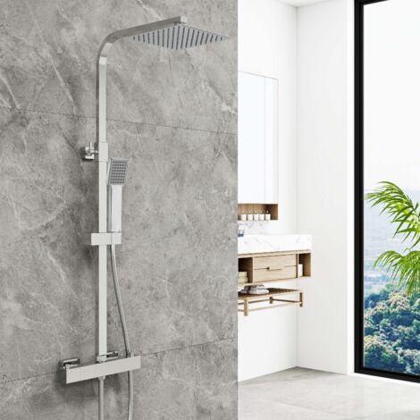 AICA Bathroom Mixer Shower Thermostatic Twin Shower Head Square Bar Valve Set Chrome