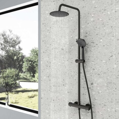 AICA Bathroom Round Thermostatic Mixer Shower Set Matte Black With Shower Head and Handheld