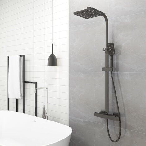 AICA Bathroom Thermostatic Mixer Shower Set Square Black Twin Head Exposed Valve 230mm large Black Square