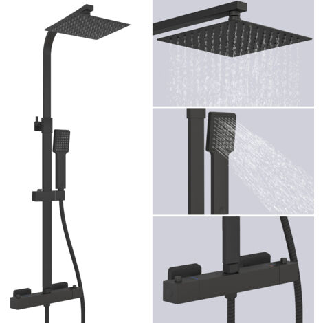 AICA Black Shower Thermostatic Bathroom Mixer Set Square Twin Head Exposed Valve
