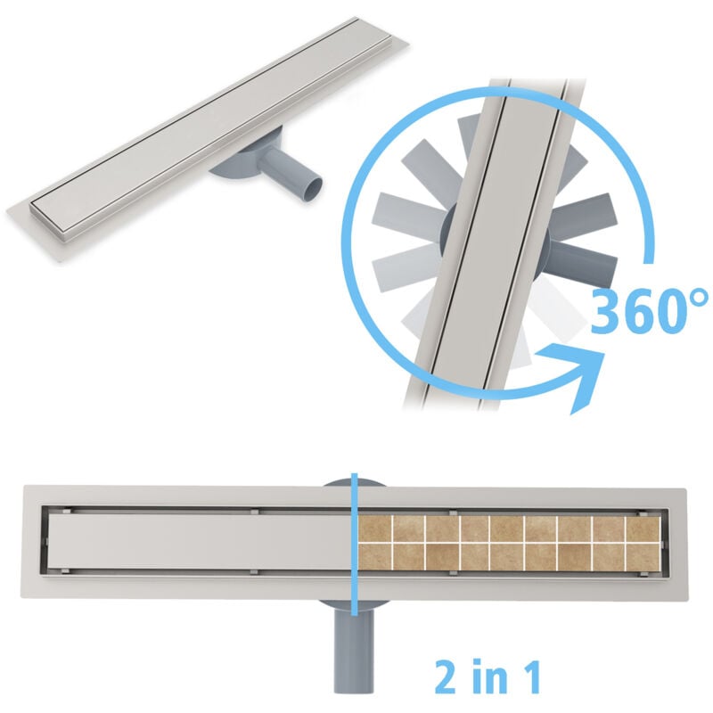 Aica Sanitaire - aica Caniveau de douche italienne 80 cm 2 en 1 + siphon 360° en acier inoxydable 100% SUS304 siphon de sol à fente latérale