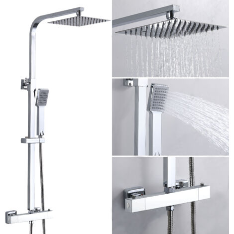 AICA Chrome Shower Thermostatic Bathroom Mixer Set Square Twin Head Exposed Valve