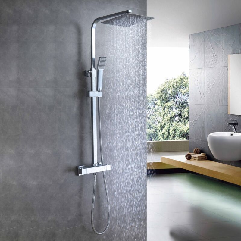 Aica Colonne de douche thermostatique 73.5X34.5x7cm expose salle de bain tete double grand ensemble de barre carree Chrome