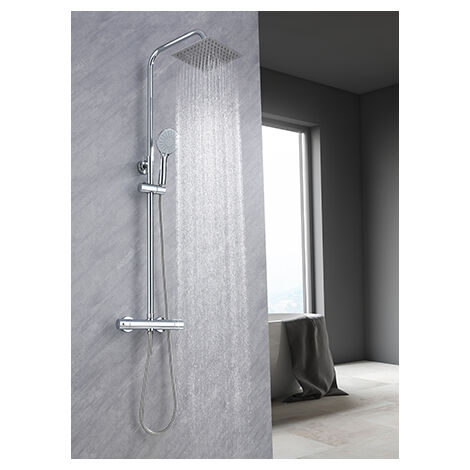 AICA colonne de douche thermostatique, acier inoxydable chromé 200 mm jet de tête + douchette 3 modes