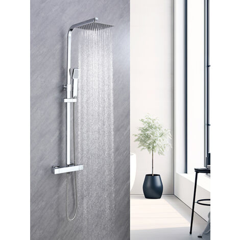 AICA colonne de douche thermostatique chromée, pomme de tête carrée avec douchette carrée réglable en hauteur