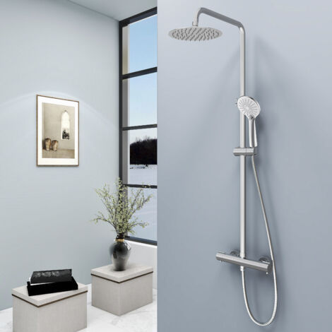 AICA Colonne Doccia Termostatiche, Set Doccia Completo di Soffione, Doccetta, Rubinetto e Asta Rotondi, Cromato Lucido