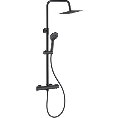 Aica Columna de Ducha Termostática Negro Mate con Barra 768-1200mm Redondo Rociador de Mano 3 Tipos de Chorro, Cuadrada Ducha Lluvia para Baño