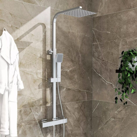 AICA Dusche Duschsystem mit Thermostat Regendusche 2 Funktionen Duschset Edelstahl Duschsäule mit Kopfbrause, Handbrause und Verstellbarer Duschstange Duscharmatur Anti-Verbrühungs-Duschsystem