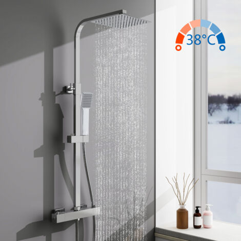 AICA Duschsystem mit Thermostat, Chrom Duschset Regendusche inkl. Kopfbrause, Handbrause und Verstellbarer Duschstange Duscharmatur Anti-Verbrühungs-Duschsystem