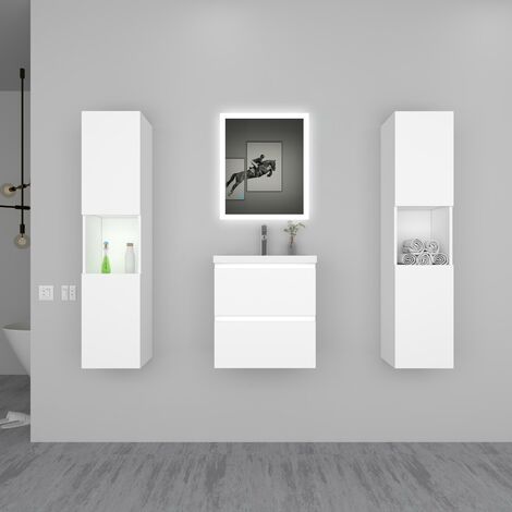 AICA Ensemble de meuble de salle de bain 50cm 2 tiroirs avec lavabo miroir led et colonne–anthracite