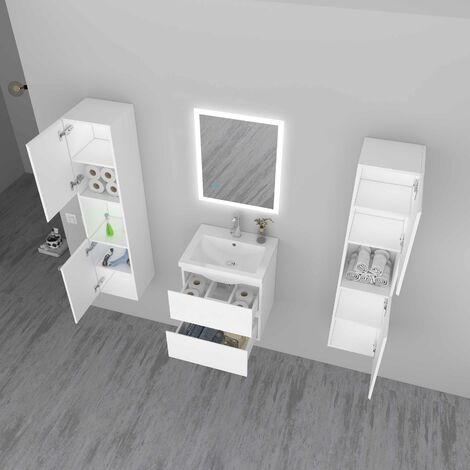 AICA Ensemble de meuble de salle de bain 50cm vasque 2 tiroirs avec lavabo miroir led et colonne–anthracite
