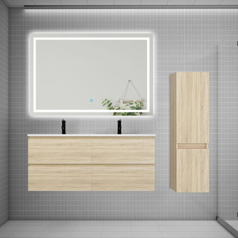 AICA Ensemble meuble 2 vasque L.120cm 4 tiroirs + lavabo + LED miroir + colonne chêne