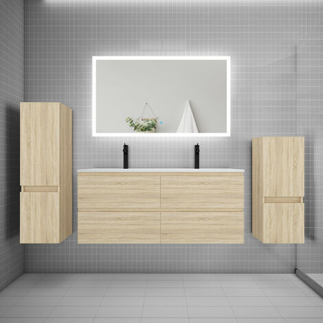 AICA Ensemble meuble 2 vasque L.120cm + lavabo + LED miroir + 2colonne chêne